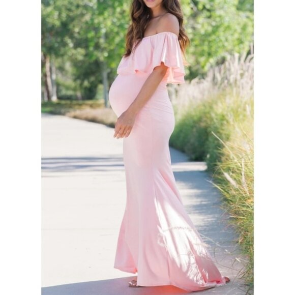 PinkBlush Ruffle Off Shoulder  Mermaid Maternity Photoshoot Gown/Dress mauve XL - Picture 1 of 13